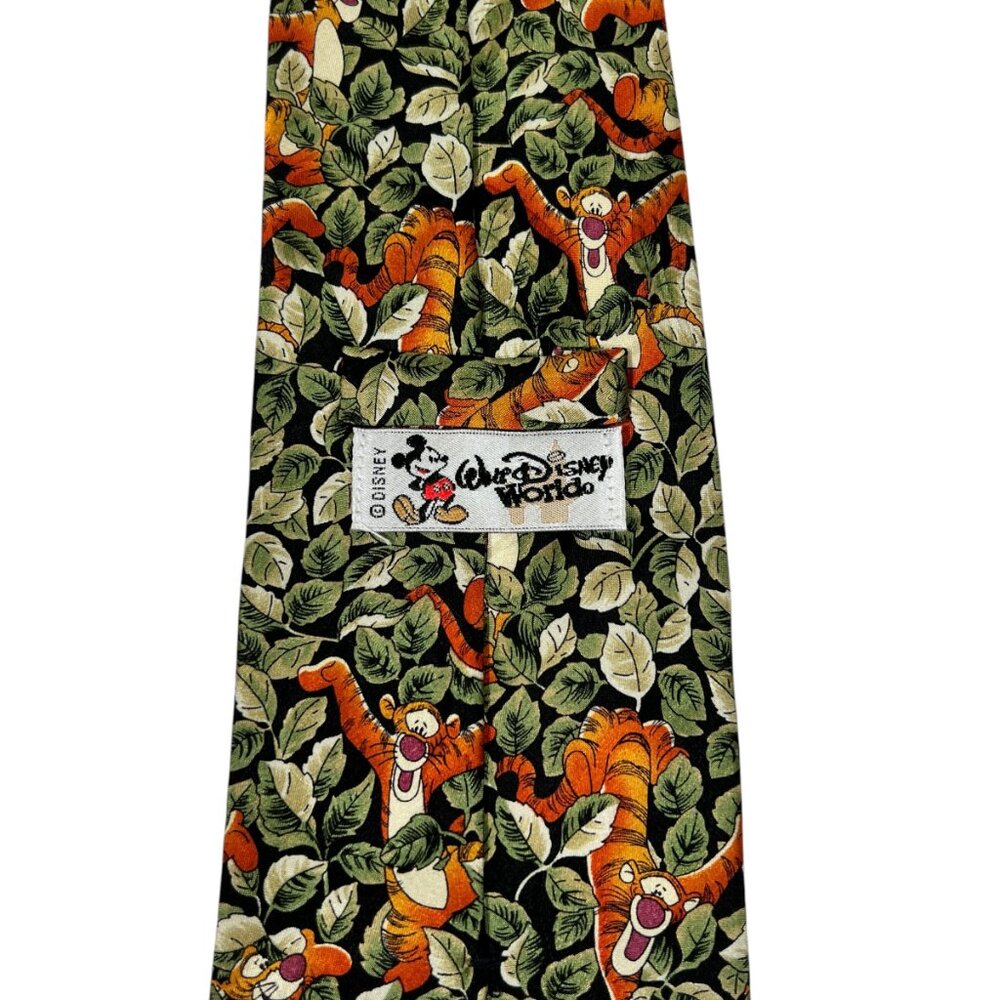 Vintage Disney World Mens Tigger in Jungle Leaves Green Orange Silk Pointed Tie - Picture 6 of 11